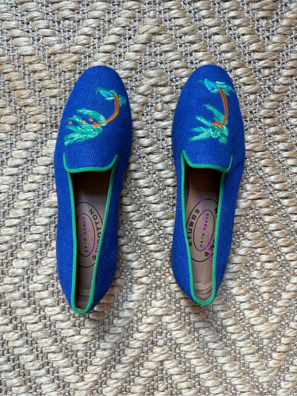 Stubbs & Wooton Royal Blue Linen Storm Palm-Embroidered Loafers
